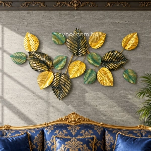 WR755-Distressed Design Rustic Golden And Green Leaf Branch Metal Wall Decor (2)