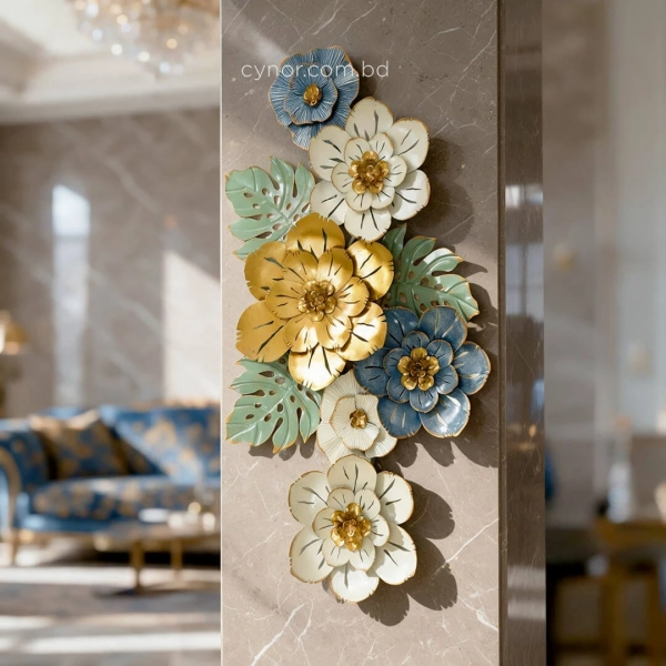 WR757-Premium Distressed Design Rustic Golden Green Blue Floral Monstera Leaf Metal Wall Decor (2)