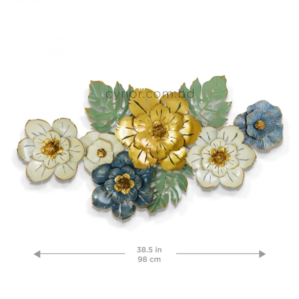 WR757-Premium Distressed Design Rustic Golden Green Blue Floral Monstera Leaf Metal Wall Decor (3)